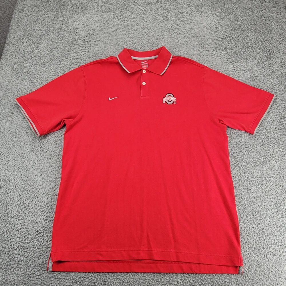 Nike Men's Large Red Polo Shirt Ohio State Logo Gray Trim Swoosh Embroidered